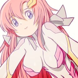 1girl beeru_(veil8801) blue_eyes bodysuit breasts closed_mouth gundam gundam_seed gundam_seed_freedom hair_between_eyes hair_ornament lacus_clyne long_hair mecha_pilot_suit medium_breasts pink_hair pink_lips simple_background smile solo split_mouth white_background white_bodysuit
