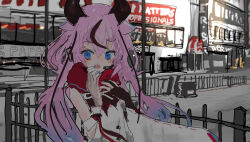 1other blue_eyes blue_hair blue_nails blush city commentary_request day detached_sleeves fence fingerless_gloves gloves gradient_hair hair_flaps hands_up headset highres horns kabuyama_kaigi long_hair looking_at_viewer low_twintails meika_hime multicolored_hair open_mouth outdoors partially_fingerless_gloves pink_hair shirt single_detached_sleeve single_fingerless_glove sleeveless sleeveless_shirt solo thick_eyebrows twintails upper_body urban vocaloid white_shirt
