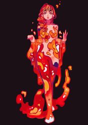 1girl alt_text bare_shoulders black_background braid breasts bright_pupils commentary dress english_commentary fiery_clothing fire full_body hands_up highres long_hair looking_at_viewer medium_breasts meyoco multicolored_hair navel orange_dress orange_eyes orange_hair original parted_lips red_dress red_eyes red_hair revealing_clothes shoes simple_background single_braid solo standing streaked_hair walking white_pupils white_shoes