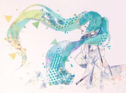 1girl aqua_hair aqua_necktie aqua_theme astronauts_(vocaloid) blonde_hair closed_eyes commentary cropped_torso detached_sleeves facing_ahead floating_hair hair_over_one_eye hand_up hatsune_miku headphones masking_tape_(medium) mixed_media mofmofmoffu multicolored_hair music necktie sidelocks siinamota singing sleeveless solo teeth traditional_media twintails two-tone_hair unconventional_media upper_teeth_only vocaloid white_background