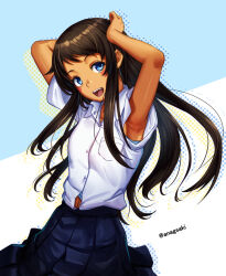 1girl aona_(anagasaki) armpits artist_name black_hair black_skirt blue_background blue_eyes blue_undershirt blush_stickers bra bra_peek breast_pocket collared_shirt commentary_request cowboy_shot dark-skinned_female dark_skin highres kyan_hina long_hair looking_at_viewer navel okinawa_de_suki_ni_natta_ko_ga_hougen_sugite_tsurasugiru open_mouth pleated_skirt pocket school_uniform shirt shirt_tucked_in skirt smile solo tan teeth twitter_username two-tone_background underwear upper_teeth_only white_background white_shirt