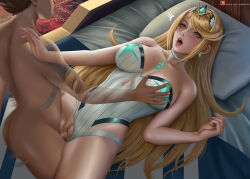 Rule 34 | 1boy, 1girl, alexander dinh, artist name, bare shoulders, blonde hair, blush, breasts, brown hair, censored, chest jewel, choker, closed eyes, clothed female nude male, clothing aside, core crystal (xenoblade), covered navel, earrings, grabbing another&#039;s breast, groping, hetero, jewelry, large breasts, lips, long hair, lying, mosaic censoring, mythra (radiant beach) (xenoblade), mythra (xenoblade), nude, on back, one-piece swimsuit, open mouth, parted lips, patreon logo, patreon username, penis, pillow, pussy, rex (xenoblade), sleeping, spiked hair, spread legs, strapless, strapless one-piece swimsuit, surprised, swept bangs, swimsuit, swimsuit aside, thigh strap, tiara, vaginal, very long hair, watermark, web address, xenoblade chronicles (series), xenoblade chronicles 2