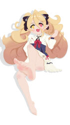 1girl absurdres barefoot bilibili_3095912 blonde_hair bow chinese_commentary commentary_request curly_hair dress facing_viewer fang frilled_dress frills hair_between_eyes hand_up heterochromia highres indie_virtual_youtuber kaofish long_bangs long_hair long_sleeves looking_at_viewer neck_ribbon no_panties open_mouth pointy_ears presenting_foot red_bow red_eyes ribbon shadow simple_background sitting smile soles toes twintails white_background yellow_eyes