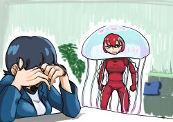 2girls amate_yuzuriha aqua_eyes black_hair bodysuit breasts closed_mouth commentary_request cosplay facepalm gundam gundam_gquuuuuux highres jacket jellyfish jellyfish_girl mother_and_daughter multiple_girls oniki7876 red_hair shirt short_hair sitting table tamaki_yuzuriha tentacles watch