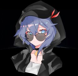 1girl absurdres baseball_cap black_background black_choker black_hair black_jacket blue_eyes choker closed_mouth error1980 fu_hua glasses hat highres honkai_(series) honkai_impact_3rd hood hood_up jacket long_hair looking_at_viewer shirt simple_background solo upper_body white_shirt