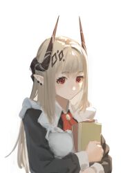 1girl absurdres alternate_costume apron arknights black_horns chinese_commentary closed_mouth commentary ear_piercing enmaided expressionless grey_hair gug292953576 highres holding horns long_hair long_sleeves maid maid_apron mudrock_(arknights) piercing pointy_ears red_eyes sidelocks simple_background solo upper_body white_apron white_background