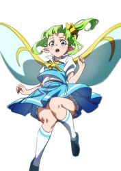 1girl blue_eyes blue_shoes blue_skirt blue_vest daiyousei fairy fairy_wings full_body green_hair gyouza_(mhea5724) highres looking_at_viewer medium_hair open_mouth pointy_ears shirt shoes short_sleeves side_ponytail skirt socks solo teeth touhou upper_teeth_only vest white_background white_shirt white_socks wings
