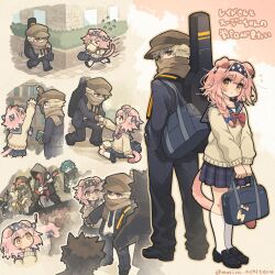 ! &gt;_&lt; alternate_costume animal_ears arknights bag black_necktie black_shoes blue_bag blue_hairband blue_jacket blue_pants blue_sailor_collar blue_skirt blush braid brown_hat brown_scarf cat_ears cat_girl cat_tail closed_mouth crownslayer_(arknights) faust_(arknights) flying_sweatdrops goldenglow_(arknights) grey_sweater hairband hat highres holding holding_bag jacket kneehighs lightning_bolt_print miniskirt morini_ochiteru multiple_boys multiple_girls necktie newsboy_cap orange_eyes pants pink_hair pleated_skirt print_hairband red_(npc)_(arknights) red_eyes running sailor_collar scarf scarf_over_mouth school_bag school_uniform shoes shoulder_bag side_braid single_braid skirt socks sweater tail translation_request white_socks