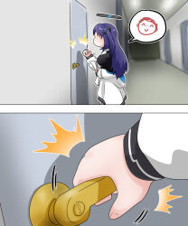 1girl 2koma doodle_sensei_(blue_archive) blue_archive c/h cameo coat collared_shirt comic commentary doorknob english_commentary hair_ornament halo highres holding hood hooded_coat knocking korean_commentary long_hair mixed-language_commentary necktie open_clothes open_coat parted_bangs pleated_skirt purple_hair school_uniform sensei_(blue_archive) shirt sidelocks silent_comic skirt solo spoken_character two_side_up white_coat yuuka_(blue_archive)