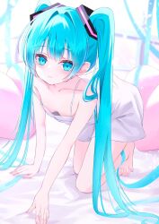 1girl all_fours aqua_eyes aqua_hair arm_support bare_arms bare_legs bare_shoulders barefoot bed bed_sheet blurry blurry_background blush breasts chemise cleavage closed_mouth collarbone commentary downblouse hair_intakes hair_ornament hatsune_miku heart heart-shaped_pillow indoors leaning_forward long_hair looking_at_viewer nail_polish no_bra on_bed pillow pink_nails sidelocks sleepwear small_breasts solo spaghetti_strap strap_slip twintails very_long_hair vocaloid white_chemise yamamotokeisuke1004