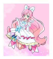 1girl absurdres ascot blue_bow boots bow braid brooch center_frills clenched_hand commentary crown_braid cure_prism dress dress_bow earrings elbow_gloves frills glove_bow gloves green_eyes hair_bow highres hirogaru_sky!_precure holding jewelry jumping knee_boots layered_dress legs_up long_hair looking_at_viewer magical_girl medium_dress nijigaoka_mashiro open_mouth pink_background pink_hair precure side_braids sky_mirage sleeveless sleeveless_dress smile solo tsukikage_oyama very_long_hair white_ascot white_boots white_bow white_dress white_gloves wing_brooch