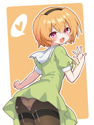 Rule 34 | 1girl, 3105lave, :d, ass, black hairband, black pantyhose, cowboy shot, dress, fang, from behind, green dress, hair between eyes, hairband, heart, highres, higurashi no naku koro ni, houjou satoko, leaning forward, open mouth, outline, panties, panties under pantyhose, pantyhose, pink eyes, revision, sailor collar, sailor dress, school uniform, short hair, short sleeves, simple background, skin fang, smile, solo, spoken heart, thighband pantyhose, underwear, white outline, white panties, white sailor collar, yellow background