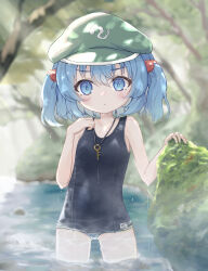 1girl bananannu black_one-piece_swimsuit blue_eyes blue_hair blurry blurry_background blush branch closed_mouth collarbone commentary_request cowboy_shot day green_hat hair_bobbles hair_ornament hands_up hat highres jewelry kawashiro_nitori key key_necklace looking_at_viewer moss necklace one-piece_swimsuit outdoors river rock short_hair short_twintails solo standing sunlight swimsuit touhou tree twintails visor_cap water wet
