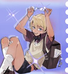 Rule 34 | 1boy, ace attorney, aged down, apollo justice: ace attorney, armlet, bandaid, bandaid on leg, black bow, black bowtie, black shorts, blonde hair, blue eyes, bow, bowtie, brown bag, cardigan, chain, chain necklace, gradient background, highres, holding, holding removed eyewear, jewelry, klavier gavin, necklace, partially unbuttoned, purple shirt, sheet music, shirt, short hair, shorts, simple background, smile, socks, swept bangs, unworn eyewear, white socks, wogesb