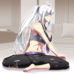 1girl breasts caffein cleavage midriff navel pants ponytail tagme vocaloid yowane_haku