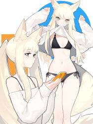 1girl alternate_costume animal_ear_fluff animal_ears arknights armpit_peek arms_up bare_shoulders bikini black_bikini blush breasts bright_pupils brown_eyes cleavage closed_mouth clothes_in_mouth commentary cowboy_shot distr english_commentary highres holding horse_ears horse_girl horse_tail long_hair long_sleeves looking_at_viewer mouth_hold multiple_views navel off-shoulder_sweater off_shoulder platinum_(arknights) ponytail side-tie_bikini_bottom sidelocks small_breasts stomach sweater swimsuit tail upper_body white_hair white_pupils
