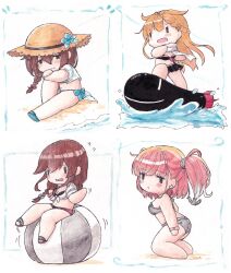 4girls anchor_hair_ornament atlanta_(kancolle) atlanta_(swimsuit)_(kancolle) ball barefoot beachball bikini black_bikini black_eyes blush braid breasts chibi chibi_only closed_mouth commentary_request flying_sweatdrops front-tie_top grey_bikini hair_flaps hair_ornament hair_ribbon hat highres kantai_collection kneeling long_hair multiple_girls noshiro_(kancolle) noshiro_(swimsuit)_(kancolle) open_mouth poipoi_purin ribbon sailor_bikini sailor_collar scarf shigure_(kancolle) shigure_kai_san_(kancolle) shigure_kai_san_(swimsuit)_(kancolle) shirt sitting straw_hat surfing swimsuit torpedo two_side_up water white_scarf white_shirt yuudachi_(kancolle) yuudachi_kai_ni_(kancolle) yuudachi_kai_ni_(swimsuit)_(kancolle)