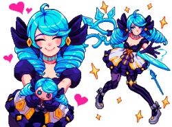 1girl ahoge aseprite_(medium) blue_gloves blue_hair blush breasts cleavage closed_eyes collarbone commentary drill_hair english_commentary gloves gwen_(league_of_legends) heart highres league_of_legends long_hair looking_at_viewer multiple_views needle oversized_object paid_reward_available pixel_art scissors sewing_needle simple_background smile twin_drills white_background yumykon