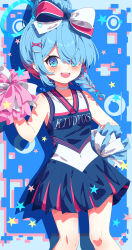 1girl absurdres arona_(blue_archive) blue_archive blue_eyes blue_hair blue_halo blush bow cheerleader chinese_commentary choker collarbone commentary dress hair_bow halo highres hua-huahua looking_at_viewer multicolored_dress multicolored_hair one_eye_covered pink_hair pom_pom_(cheerleading) solo star_(symbol) thighs white_choker
