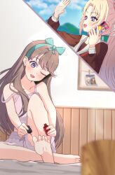 2girls :d ;d applying_pedicure aqua_bow aqua_hairband arm_up bare_shoulders barefoot blonde_hair blue_eyes blue_hair blush bottle bow bow_hairband brown_hair camisole cellphone collarbone commentary_request cosmetics curtained_hair fang fujishima_megumi gradient_hair hairband hasu_no_sora_school_uniform highres holding holding_bottle holding_phone link!_like!_love_live! long_hair long_sleeves love_live! mira-cra_park! mizoochi_league multicolored_hair multiple_girls nail_polish_bottle nail_polish_brush neckerchief one_eye_closed open_mouth osawa_rurino parted_bangs phone photo_(object) pink_camisole pink_shorts purple_eyes red_neckerchief sailor_collar school_uniform shorts sitting smartphone smile soles talking_on_phone toes twintails virtual_youtuber white_sailor_collar winter_uniform