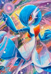 1girl absurdres alternate_color arm_up artist_name blue_hair blue_skin bob_cut colored_skin enryuu_(pixiv3483358) female_focus flat_chest gardevoir gen_3_pokemon hair_over_one_eye hand_up highres looking_afar multicolored_skin nintendo one_eye_covered pokemon pokemon_(creature) pokemon_move powering_up red_eyes shadow_ball_(pokemon) shiny_pokemon short_hair signature solo standing traditional_media twitter_username two-tone_skin white_skin