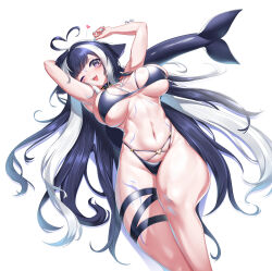 1girl absurdres arm_behind_head belt belt_collar bikini black_belt black_bikini black_hair blue_nails body_markings breasts cetacean_tail character_name collar facial_mark fins fish_tail heart heart_o-ring highres indie_virtual_youtuber large_breasts long_hair navel o-ring one_eye_closed open_mouth pellpt purple_eyes shylily smile solo stomach swimsuit tail virtual_youtuber white_hair
