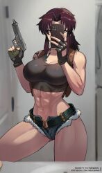 1girl abs artist_name bare_shoulders belt beretta_92 black_belt black_gloves black_lagoon black_tank_top boosty_username breasts brown_hair cellphone cleavage contrapposto covered_face crop_top cutoffs denim denim_shorts fingerless_gloves gloves gun handgun highres holding holding_gun holding_phone holding_weapon holster large_breasts long_hair midriff muscular muscular_female navel patreon_username phone ponytail revy_(black_lagoon) selfie short_shorts shorts shoulder_holster shoulder_tattoo smartphone solo stomach tank_top tattoo thighs toned toned_female tribal_tattoo watermark weapon web_address wersman