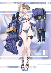1girl ankle_lace-up arm_strap ball bare_legs bare_shoulders beachball bikini black_gloves blonde_hair blue_bikini blue_eyes blush breasts breasts_apart commentary_request criss-cross_straps curvy fingerless_gloves gauntlets gloves gluteal_fold hair_between_eyes hair_ornament hairclip halterneck high_ponytail highres holding holding_ball holding_beachball huge_weapon jewelry legs long_hair looking_at_viewer mechanical_arms medium_breasts morros multicolored_bikini navel necklace original ponytail pouch power_fist sandals side-tie_bikini_bottom sidelocks simple_background solo standing stomach swimsuit tekkou-chan_(morros) thigh_pouch thigh_strap thighs toes translated triangle_necklace two-tone_bikini very_long_hair visor_cap weapon white_background white_bikini wide_hips zoom_layer