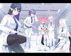 Rule 34 | 5girls, ^ ^, absurdres, ahoge, aoi (blue archive), ayumu (blue archive), bandaid, bandaid on knee, bandaid on leg, black hair, black pantyhose, blonde hair, blue archive, blue eyeshadow, blue hair, blue necktie, breasts, closed eyes, coat, cropped jacket, dress, eating, eyeshadow, falling paper, forehead jewel, giga-tera, glasses, gloves, halo, highres, indoors, jacket, kaya (blue archive), large breasts, letterboxed, makeup, mole, mole under eye, momoka (blue archive), multiple girls, necktie, on one knee, panties, panty peek, pantyhose, picking up, pink hair, pointy ears, purple hair, rimless eyewear, rin (blue archive), skirt, tears, underwear, white coat, white dress, white gloves, white jacket, white panties, white skirt