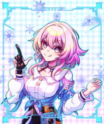 1girl absurdres acorn archery_shooting_glove badge black_choker black_gloves black_overskirt blue_jacket bra_strap breasts button_badge buttons camera choker closed_mouth collarbone commentary cookienim earrings flower_ornament gloves gradient_clothes gradient_jacket hands_up highres honkai:_star_rail honkai_(series) jacket jewelry long_sleeves march_7th_(honkai:_star_rail) march_7th_(preservation)_(honkai:_star_rail) medium_breasts medium_hair off-shoulder_jacket off_shoulder partially_fingerless_gloves pink_eyes pink_hair pink_jacket pink_pupils shirt single_earring single_glove smile solo tied_jacket tongue tongue_out underbust upper_body variant_set white_shirt