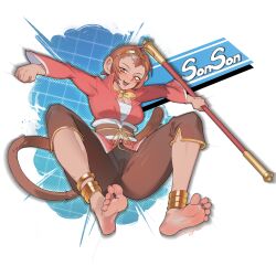 Rule 34 | animal ears, ascot, barefoot, bo staff, brown hair, brown pants, character name, chinese clothes, crown, gold anklet, highres, jumping, marvel vs. capcom, marvel vs. capcom 2, monkey ears, monkey girl, monkey tail, open mouth, pants, red shirt, sarashi, shirt, short hair, signature, sin (sintrybest), smile, soles, sonson, tail, toes, yellow ascot