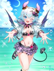 1girl ;d bettle_(b_s_a_n) bikini black_sandals blue_eyes blue_jacket blue_sky braid breasts cleavage cloud commentary_request crescent_moon cropped_jacket day demon_girl demon_horns demon_tail demon_wings donut_hair_ornament fantasy_life food-themed_hair_ornament hair_ornament heart highleg highleg_bikini highres hood hood_down hooded_jacket horns jacket layered_skirt long_sleeves looking_at_viewer microskirt moon navel ocean one_eye_closed open_clothes open_jacket open_mouth outdoors outstretched_arms purple_skirt sandals skirt sky smile snow_(fantasy_life) solo standing standing_on_one_leg swimsuit tail twin_braids water water_drop wings