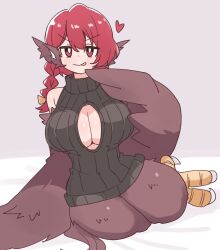 1girl absurdres animal_ears bare_shoulders bird_ears bird_legs bird_tail black_sweater blush borrowed_character braid breasts bright_pupils brown_feathers brown_wings center_opening cleavage commentary_request feather_fingers feathers fio-chan_(big_o_pants) harpy heart highres large_breasts licking_lips long_hair looking_at_viewer meme_attire monster_girl nikukabe original red_eyes red_hair solo sweater tail talons tongue tongue_out virgin_killer_sweater white_pupils winged_arms wings
