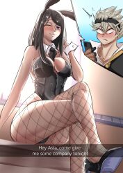 1girl absurdres animal_costume asta_(black_clover) black_clover blue_eyes blush breasts cictemart18 ciel_grinberryall commission fishnet_thighhighs fishnets grey_hair high_heels highres leotard necktie one_eye_closed playboy_bunny rabbit_costume rabbit_ears thighhighs wink