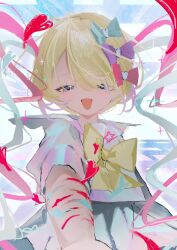 1girl :d blonde_hair blood blue_blood blue_eyes blue_hair blue_serafuku bow chest_bow chouzetsusaikawa_tenshi-chan hair_bow heart highres injury looking_at_viewer mika3kami multiple_hair_bows multiple_scars needy_girl_overdose open_mouth outstretched_arm pink_hair quad_tails reaching reaching_towards_viewer scar scar_on_arm school_uniform serafuku smile solo sparkle upper_body wrist_cutting