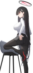 1girl absurdres black_hair black_halo black_pantyhose black_shoes black_skirt blue_archive breasts bright_pupils chair commentary halo high_heels highres large_breasts long_hair pantyhose pleated_skirt red_eyes ribbed_sweater rio_(blue_archive) shoes simple_background skirt solo sukaliya sweater very_long_hair white_background white_pupils white_sweater