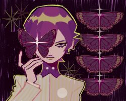 1boy androgynous bishounen bug butterfly butterfly_on_head dark_background earrings expressionless eyelashes eyeshadow green_eyeshadow green_lips grey_shirt hand_up highres insect jewelry lipstick long_sleeves looking_at_viewer makeup male_focus melonchews one_eye_covered persona persona_1 portrait purple_background purple_butterfly purple_eyes purple_hair school_uniform shirt short_hair solo sparkle st._hermelin_school_uniform toudou_naoya