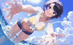 Rule 34 | 1girl, absurdres, alternate costume, artist name, bikini, black hair, blue eyes, blue shorts, blue sky, blush, breasts, cloud, cloudy sky, commentary, curio (curiofinity), day, denim, denim shorts, dutch angle, highres, hololive, large breasts, looking at viewer, navel, o-ring, o-ring bikini bottom, o-ring bottom, ocean, oozora subaru, open clothes, open mouth, open shorts, outdoors, outstretched arms, see-through cleavage, see-through clothes, see-through shirt, shirt, short hair, short shorts, short sleeves, shorts, sky, smile, stomach, swimsuit, teeth, thighs, tied shirt, tomboy, upper teeth only, virtual youtuber, wading, water drop, wet, wet clothes, wet shirt, white shirt, yellow bikini