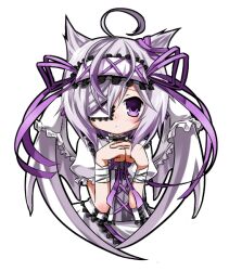 Rule 34 | 1girl, ahoge, bandages, bat wings, dress, emil chronicle online, eyepatch, frilled dress, frilled hairband, frills, hairband, medical eyepatch, poporu, purple eyes, purple ribbon, raised inner eyebrows, ribbon, upper body, white background, white dress, white familiar alma, white hair, white wings, wings