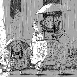 2boys animated animated_gif bare_shoulders big_belly blush_stickers bus_stop forest gas_mask greyscale hair_ornament holding holding_umbrella junkrat_(overwatch) long_hair male_focus mask mechanical_arms monochrome multiple_boys nature navel outdoors overwatch overwatch_1 parody peg_leg pig pig_tattoo ponytail rain roadhog_(overwatch) shade single_mechanical_arm skull smile spiked_hair spikes stomach_tattoo tattoo the-scared-crow tonari_no_totoro torn_clothes tree umbrella unused_tire