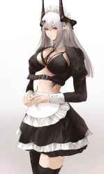 1girl absurdres alternate_costume apron arknights asymmetrical_legwear belt belt_buckle black_belt black_bra black_horns black_shirt black_skirt black_thighhighs blunt_ends bra breast_strap breasts buckle collar commentary cowboy_shot crop_top detached_collar earrings english_commentary enmaided grey_hair hair_between_eyes hair_ornament highres horns huge_breasts jewelry long_hair looking_at_viewer maid maid_apron maid_headdress material_growth midriff mudrock_(arknights) navel open_clothes oripathy_lesion_(arknights) pointy_ears red_eyes shirt sidelocks skirt solo thighhighs underwear white_background white_collar white_headdress white_sleeve_cuffs yuki_flourish