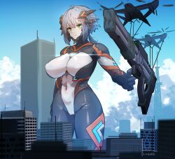 Rule 34 | 1girl, absurdres, ahoge, aircraft, airplane, blue sky, bodysuit, breasts, building, cameltoe, city, closed mouth, cloud, colossus (natsukaze shigure), covered erect nipples, covered navel, day, giant, giantess, green eyes, grey hair, gun, headgear, helicopter, highres, holding, holding gun, holding weapon, impossible bodysuit, impossible clothes, large breasts, magical girl, mecha musume, natsukaze shigure, original, outdoors, science fiction, short hair, skin tight, sky, skyscraper, solo, standing, variant set, weapon