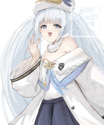 1girl :d azur_lane bare_shoulders blue_eyes blue_skirt dmitri_donskoi_(azur_lane) fang hand_up hat highres long_hair looking_at_viewer mumei_shumi open_mouth parka simple_background skirt smile smug solo twintails very_long_hair white_background white_hair white_hat wide_sleeves