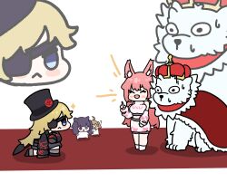 4girls :d absurdres animal animal_ear_fluff animal_ears bare_shoulders bike_shorts biscuit_(nikke) black_footwear black_gloves black_shorts blonde_hair blue_eyes blush_stickers breasts butterfly_tattoo chibi detached_sleeves eyepatch gloves goddess_of_victory:_nikke guillotine_(dark_tracer)_(nikke) guillotine_(nikke) hair_intakes hat heterochromia highres kiwi_forest kneeling large_breasts leona_(nikke) lion loafers long_hair multiple_girls nero_(nikke) official_alternate_costume open_mouth pink_hair shirt shoes shorts sideboob sideless_shirt sidelocks small_breasts smile socks tattoo timi_(nikke) top_hat turtleneck turtleneck_shirt wavy_hair white_shirt white_socks wrist_tattoo yellow_eyes