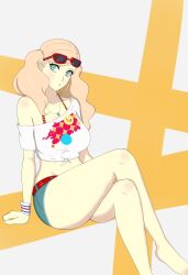 1girl :/ absurdres barefoot belt blonde_hair blue_eyes blue_shorts breasts closed_mouth crop_top crossed_legs curvy denim denim_shorts earrings eyewear_on_head feet_out_of_frame heart heart_earrings highres hoop_earrings jewelry large_breasts lips looking_at_viewer midriff nahone_peko navel necklace persona persona_5 persona_5_scramble:_the_phantom_strikers red-framed_eyewear red_belt shirt short_shorts shorts sitting solo sunglasses takamaki_anne thighs tied_shirt twintails
