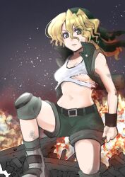 Rule 34 | 1girl, bandana, belt, blonde hair, blood on clothes, boots, breasts, brown eyes, crop top, cropped vest, dirty, explosion, female focus, fire, green bandana, green shorts, green vest, hair between eyes, highres, kasamoto eri, knee pads, long hair, looking at viewer, metal slug, midriff, narumi kyousuke, navel, night, no bra, outdoors, paid reward available, revealing clothes, shirt, shorts, small breasts, snk, solo, torn clothes, torn shirt, underboob, vest, white shirt, wreckage, wristband