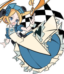 1girl adapted_costume alice&#039;s_adventures_in_wonderland alice_(alice_in_wonderland) alice_(alice_in_wonderland)_(cosplay) alternate_color apron back_bow blonde_hair bloody_marie_(skullgirls) blue_eyes bow checkered_background cxdotchison dress frilled_apron frilled_dress frills hair_ornament maid_headdress open_mouth pocket_watch puffy_short_sleeves puffy_sleeves short_sleeves skull_hair_ornament skullgirls solo twintails watch white_background wrist_cuffs