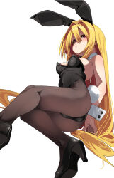 1girl alternate_costume animal_ears ass bare_shoulders black_leotard black_shoes blonde_hair blush breasts brown_pantyhose closed_mouth collar commentary_request detached_collar fake_animal_ears fake_tail foot_out_of_frame from_below frown fu-ta hair_intakes high_heels highleg highleg_leotard highres konjiki_no_yami leotard long_hair pantyhose playboy_bunny purple_eyes rabbit_ears rabbit_tail shoes simple_background small_breasts solo strapless strapless_leotard tail thighs to_love-ru very_long_hair white_background white_collar white_wrist_cuffs wrist_cuffs