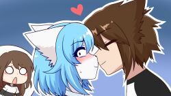 1boy 2girls animal_ears blue_hair blush brown_hair chibi chibi_inset closed_mouth colored_skin commentary emirichu_(character) english_commentary gradient_background heart highres imminent_kiss indie_virtual_youtuber jordan_sweeto multiple_girls nervous_sweating nose_blush o_o open_mouth short_hair small_sweatdrop sweat virtual_youtuber wide-eyed wolf_boy wolf_ears wolf_girl wolfychu wolfychu_(artist)