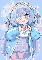 1girl :d absurdres angel_wings anomea_(vrchat) asymmetrical_legwear attaka_tea bandaid bandaid_on_knee bandaid_on_leg belt blue_background blue_belt blue_bow blue_collar blue_eyes blue_hair blue_jacket blue_nails blue_thighhighs blush blush_stickers bow chain collar cowboy_shot detached_wings dress eyepatch fang flying_sweatdrops grey_hair hair_bow halo heart heart_hands highres hood jacket long_hair long_sleeves looking_at_viewer medical_eyepatch open_clothes open_jacket open_mouth outline pleated_dress shorts simple_background single_thighhigh smile solo thighhighs two_side_up very_long_hair vrchat white_bow white_dress wings